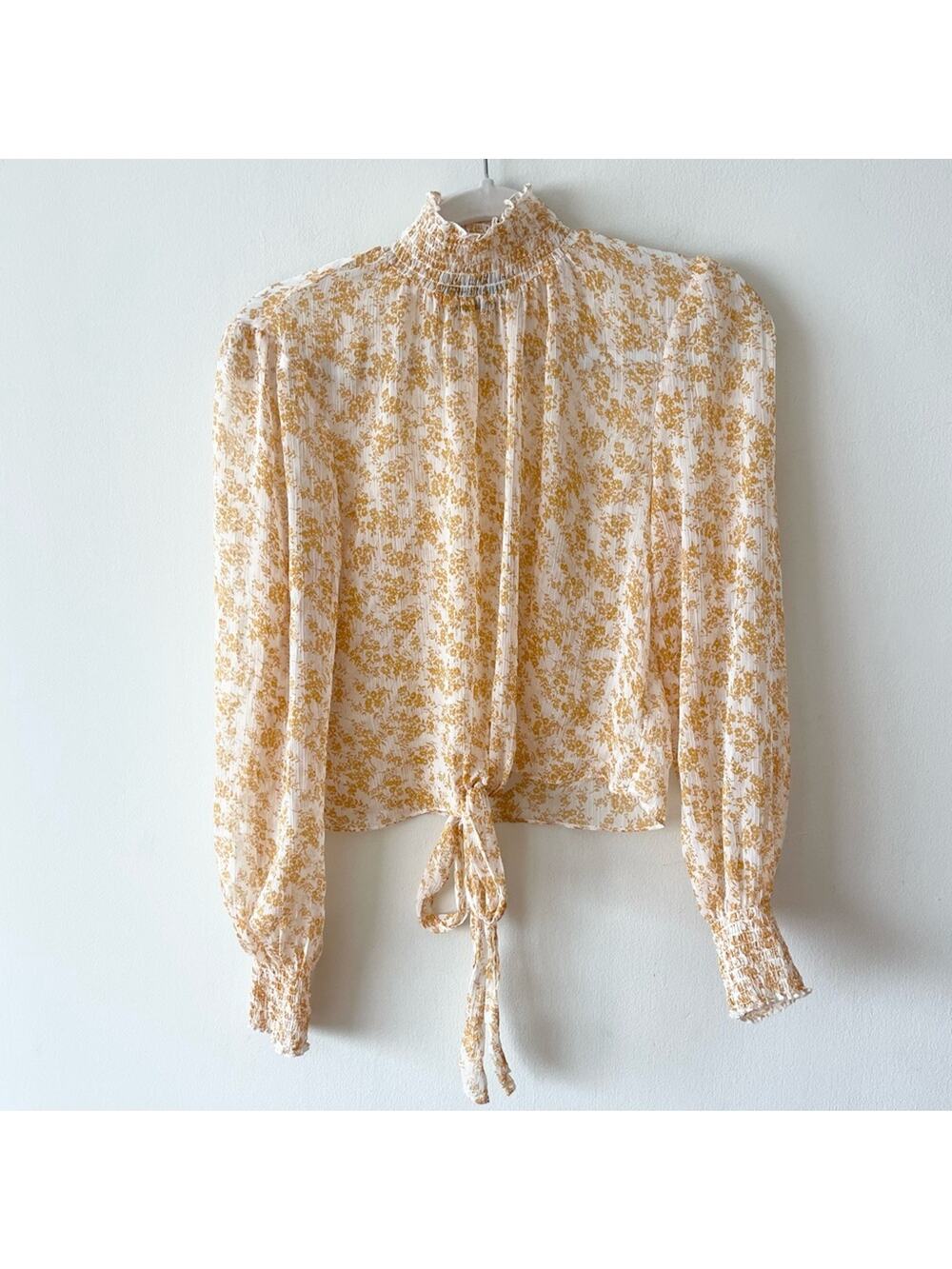 MinkPink High Neck Long Sleeves Floral Blouse Women’s size S Cream Sheer